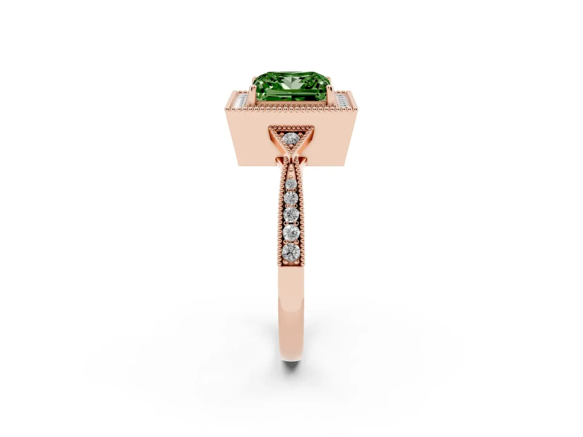 Fancy Green Princess Cut Halo Round Diamond Milgrain Pave Engagement Ring Rose gold