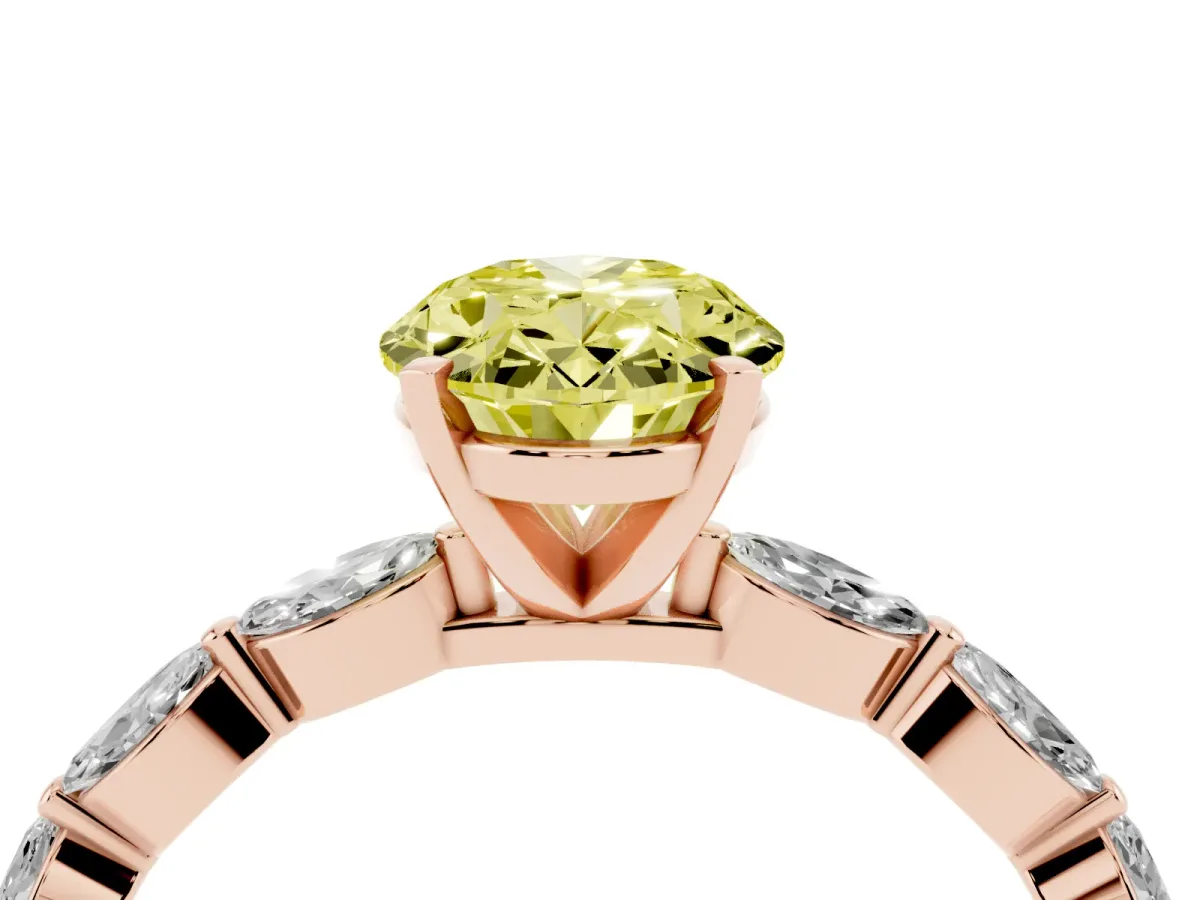 Fancy Yellow Oval Cut Diamond Ring with Marquise Side Stones and Prong Setting Rose gold