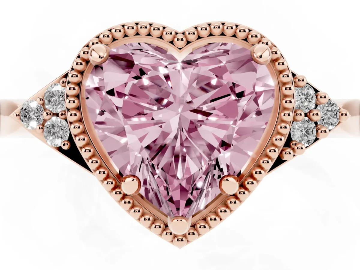 Fancy Pink Heart Cut Diamond Halo Ring with Tapered Band and Four-Prong Setting Rose gold
