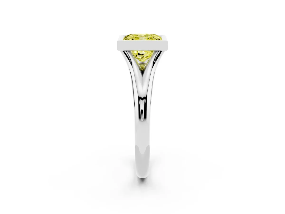 Fancy Yellow Bezel Set Princess Cut Solitaire Diamond Ring with Smooth Band Silver