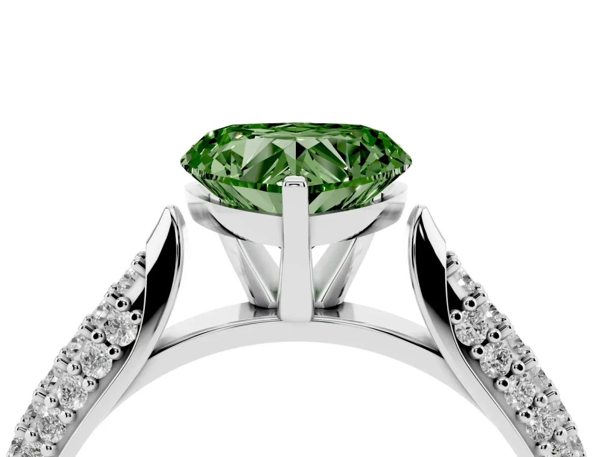 Fancy Green Heart Cut Diamond Solitaire Engagement Ring with Multi-Row Round Pavé Band and Prong Setting Silver