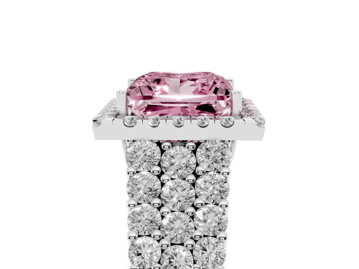 Fancy Pink Princess Cut Diamond Halo Engagement Ring with Triple Row Round Pavé Band and Prong Setting Silver