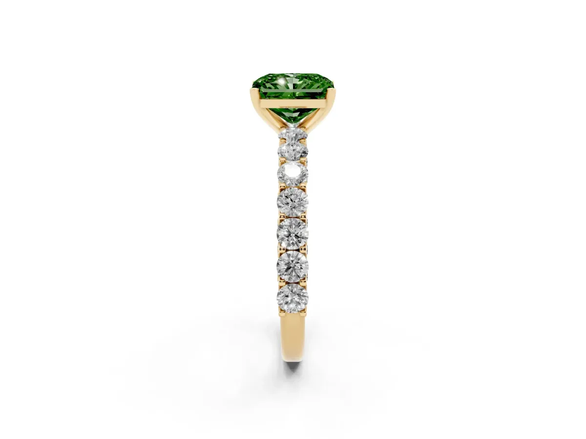 Fancy Green Radiant Cut Diamond Solitaire Ring with Shared Prong Pavé Band and Four-Prong Setting Yellow gold