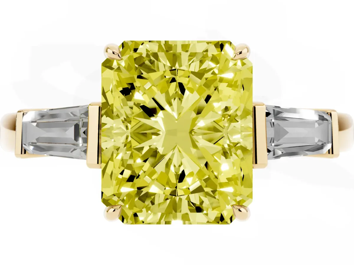 Fancy Yellow Radiant Cut Diamond Three-Stone Ring with Tapered Baguette Side Stones and Prong Setting Yellow gold