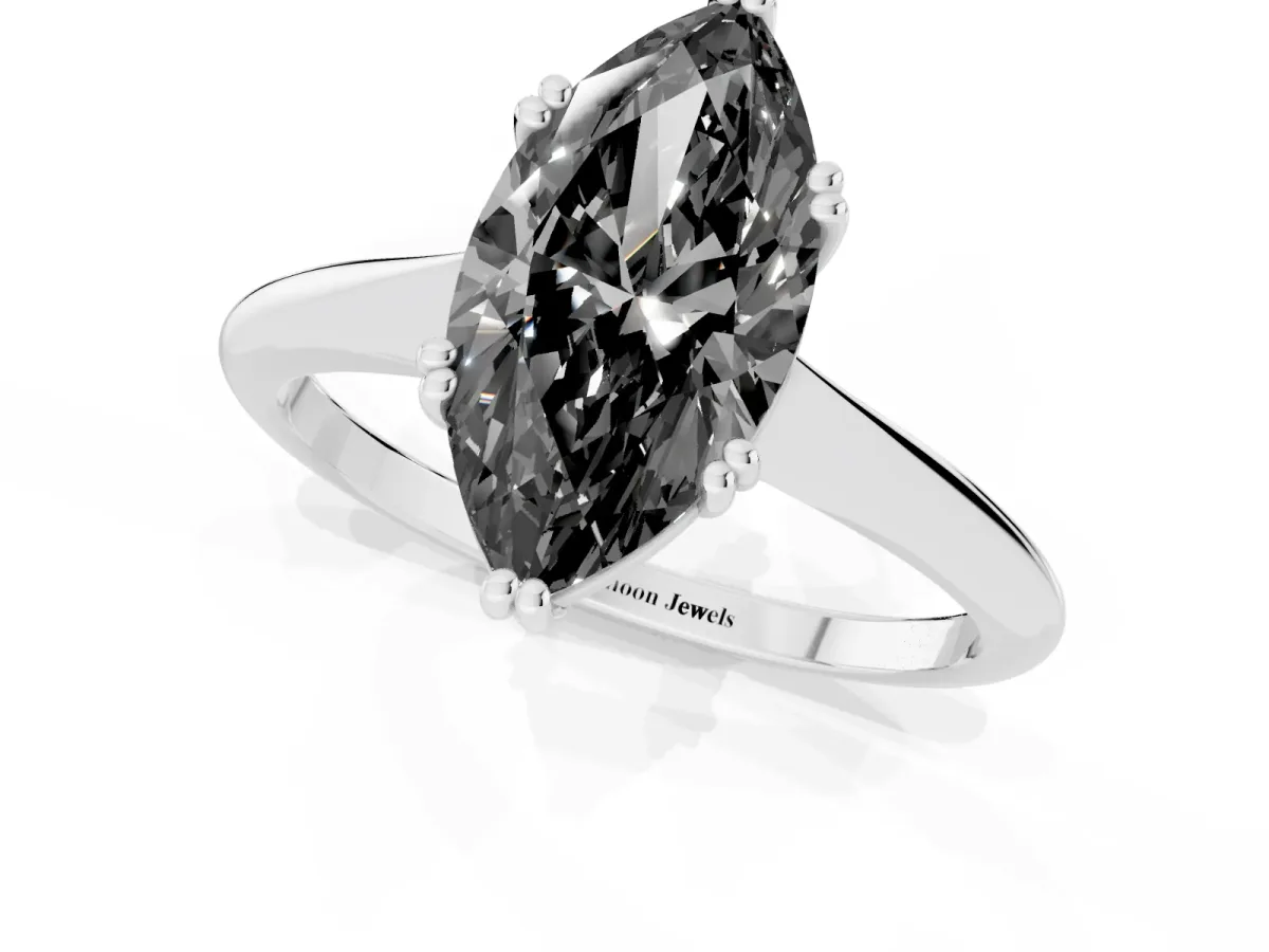 Fancy Black Marquise Cut Solitaire Diamond Ring with Six-Prong Setting and Classic Band Silver
