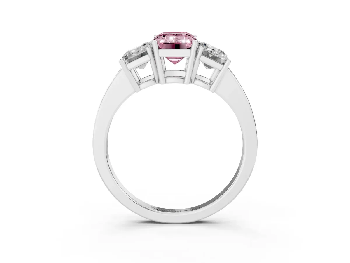 Fancy Pink Three-Stone Emerald Cut Cut Diamond Engagement Ring with Flat Band and Four-Prong Setting Silver