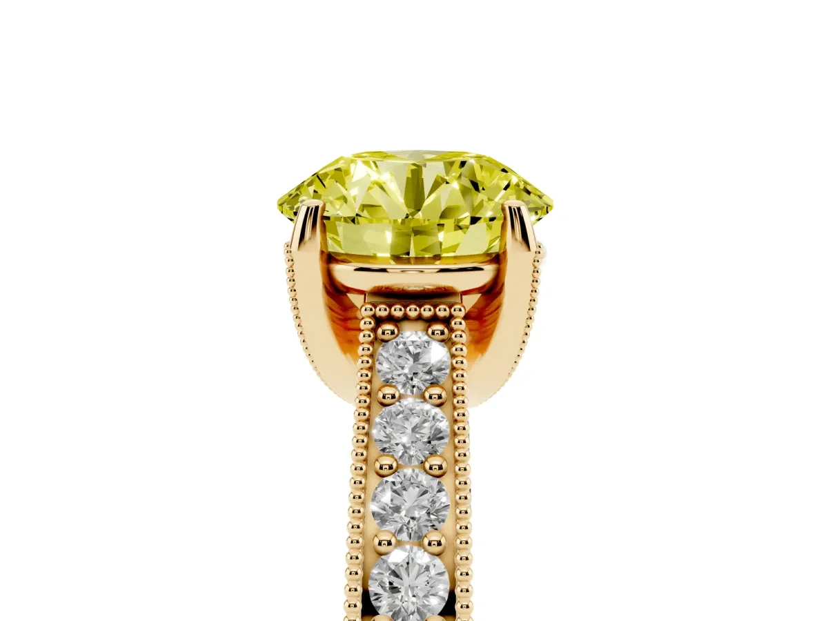 Fancy Yellow Round Cut Cut Diamond Solitaire Ring with Milgrain Pave Band and Four Prong Setting Yellow gold