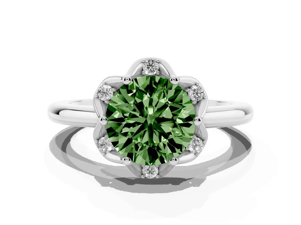 Fancy Green Round Cut Halo Diamond Ring with Round Cluster Setting, Solitaire Band, and Four-Prong Setting Silver