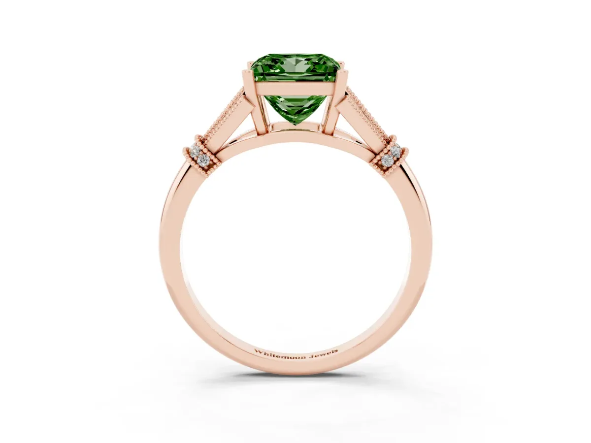 Fancy Green Princess Cut Diamond Solitaire Ring with Floral Filigree and Pave Accents Rose gold