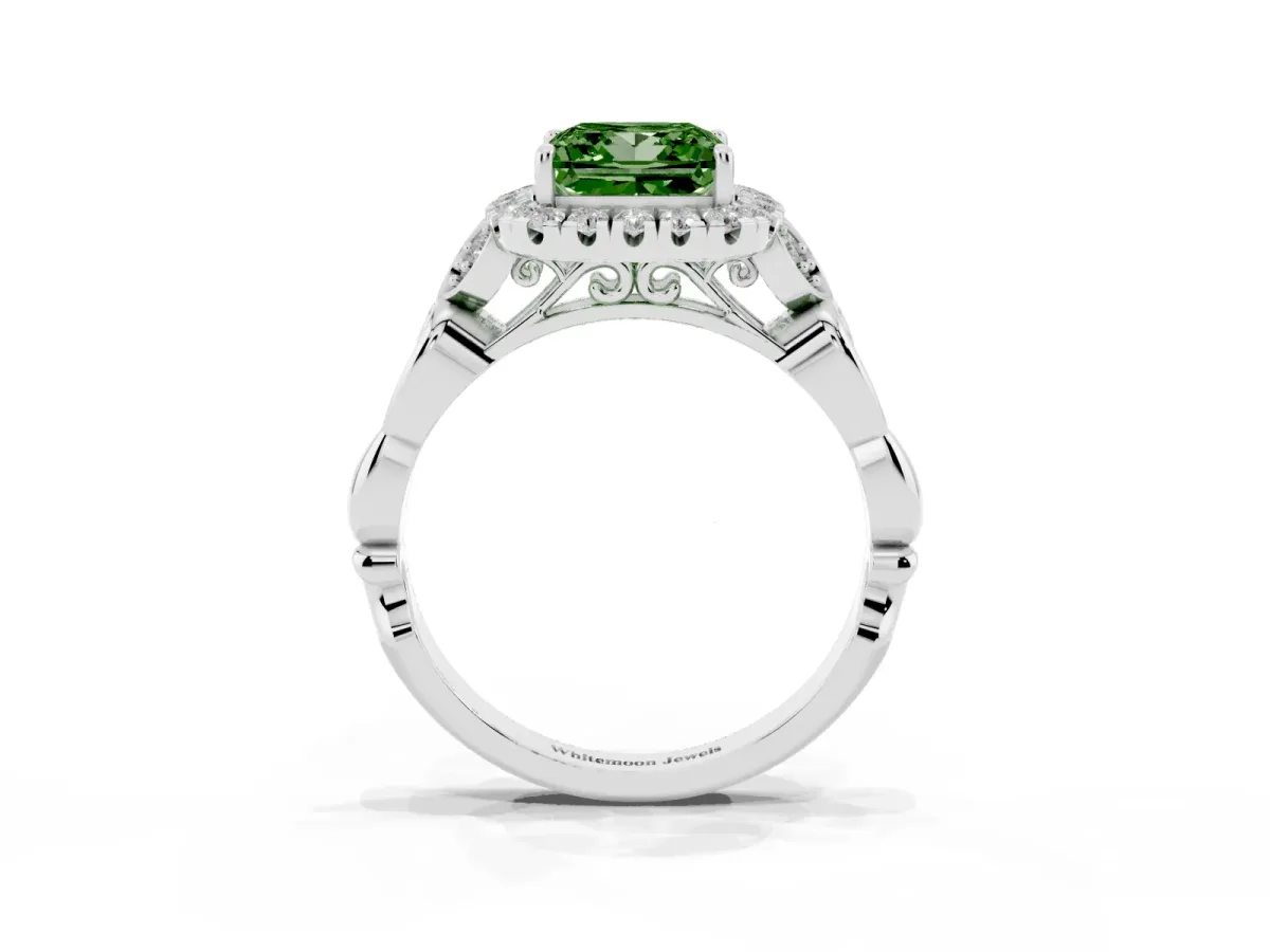 Fancy Green Princess Cut Halo Diamond Engagement Ring with Vintage-Inspired Band and Four-Prong Setting White gold