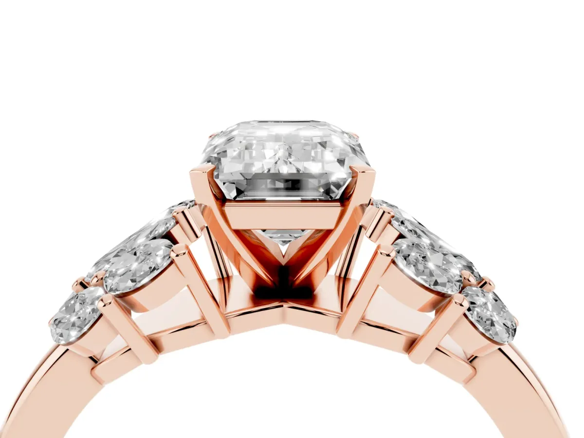 Emerald Cut Diamond Cluster Leaf Design Ring with Prong Setting Rose gold