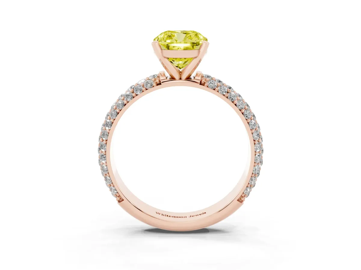 Fancy Yellow Cushion Cut Diamond Solitaire Ring with Prong Setting and Pavé Band Rose gold