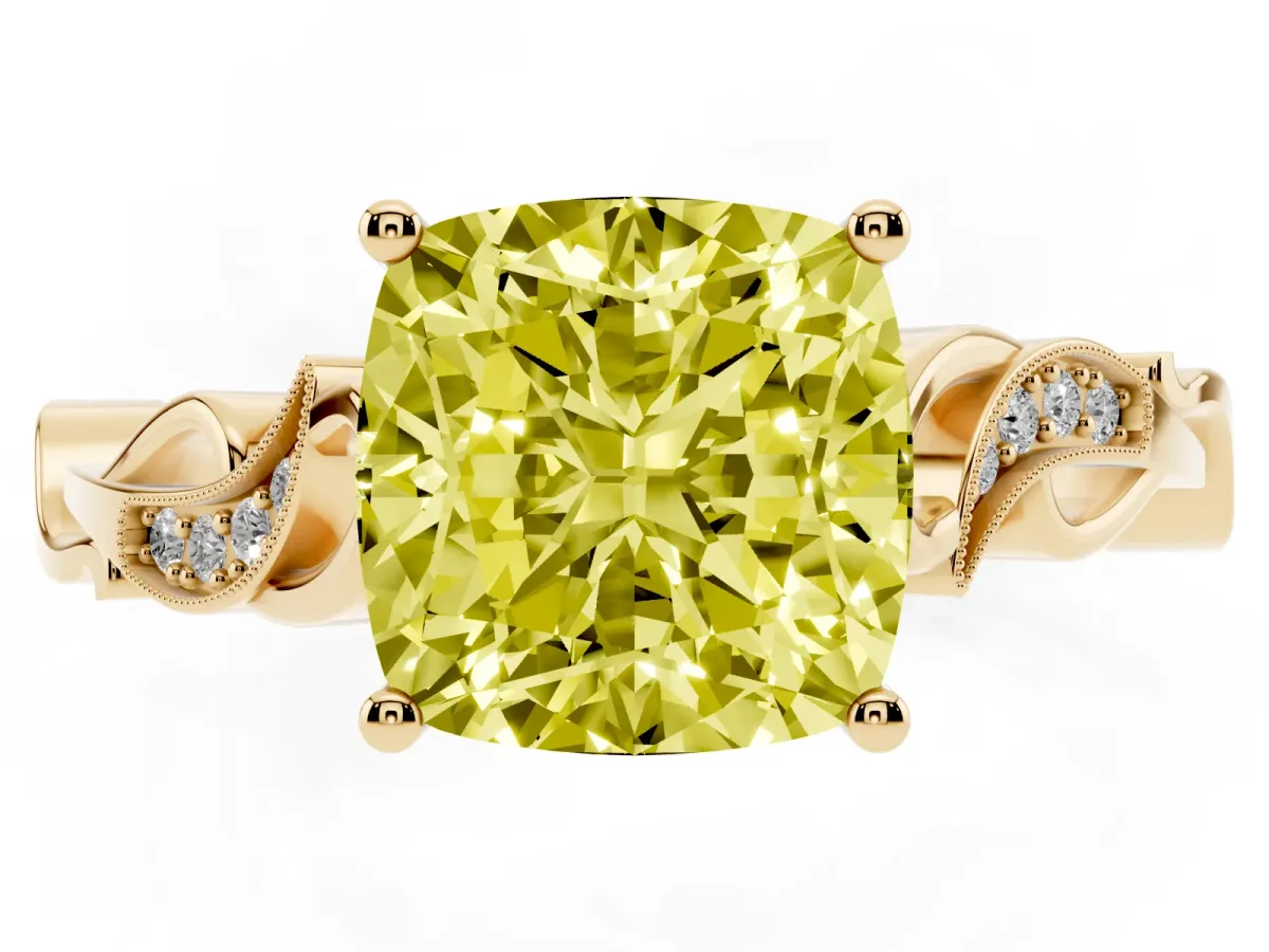 Fancy Yellow Cushion Cut Solitaire Vine Band with Milgrain Prong Setting Yellow gold