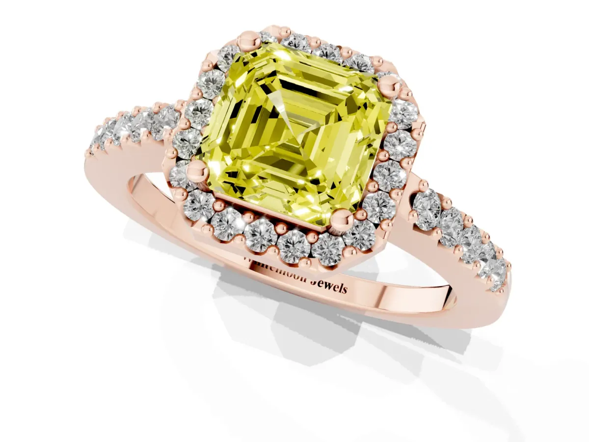 Fancy Yellow Asscher Cut Halo Diamond Pavé Solitaire Ring Rose gold