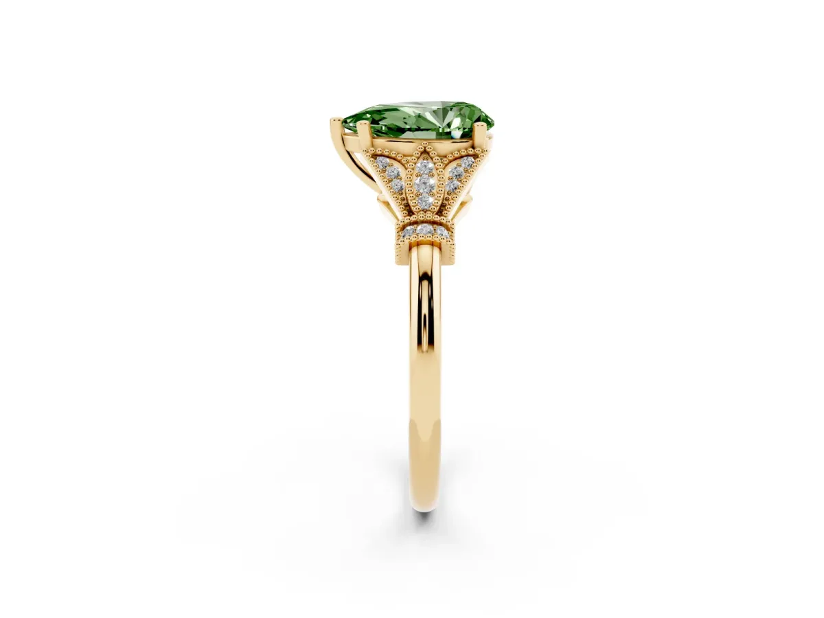 Fancy Green Pear Cut Diamond Solitaire Ring with Floral Filigree and Pave Accents Yellow gold