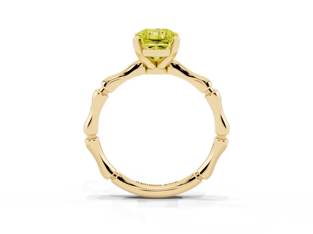 Fancy Yellow Radiant Cut Solitaire Diamond Ring with Bamboo Band and Four-Prong Setting Yellow gold