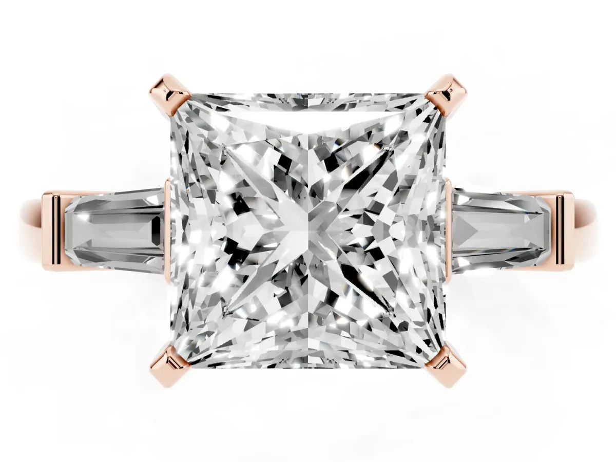 Princess Cut Cut Diamond Solitaire Ring with Tapered Baguette Accents and Four-Prong Setting Rose gold