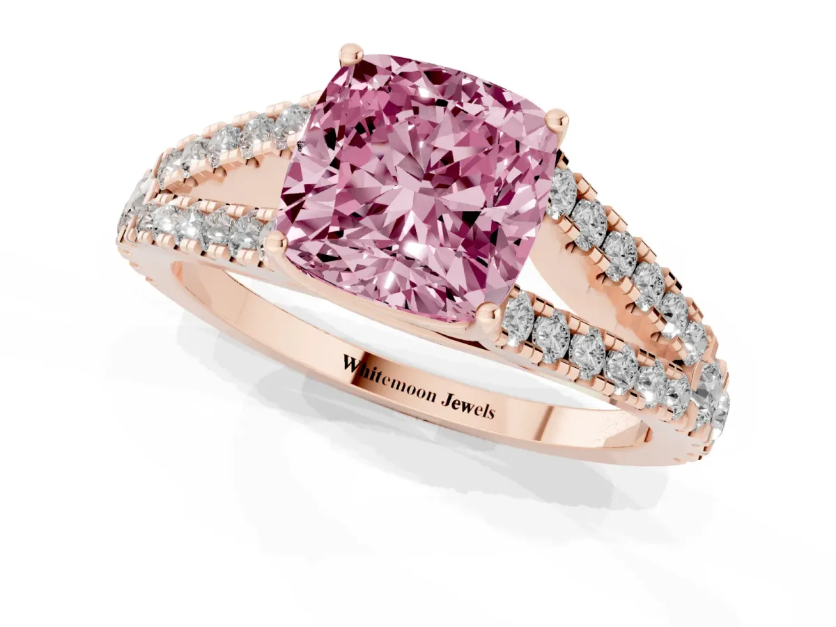 Fancy Pink Cushion Cut Diamond Split Shank Engagement Ring with Round Pavé and Prong Setting Rose gold