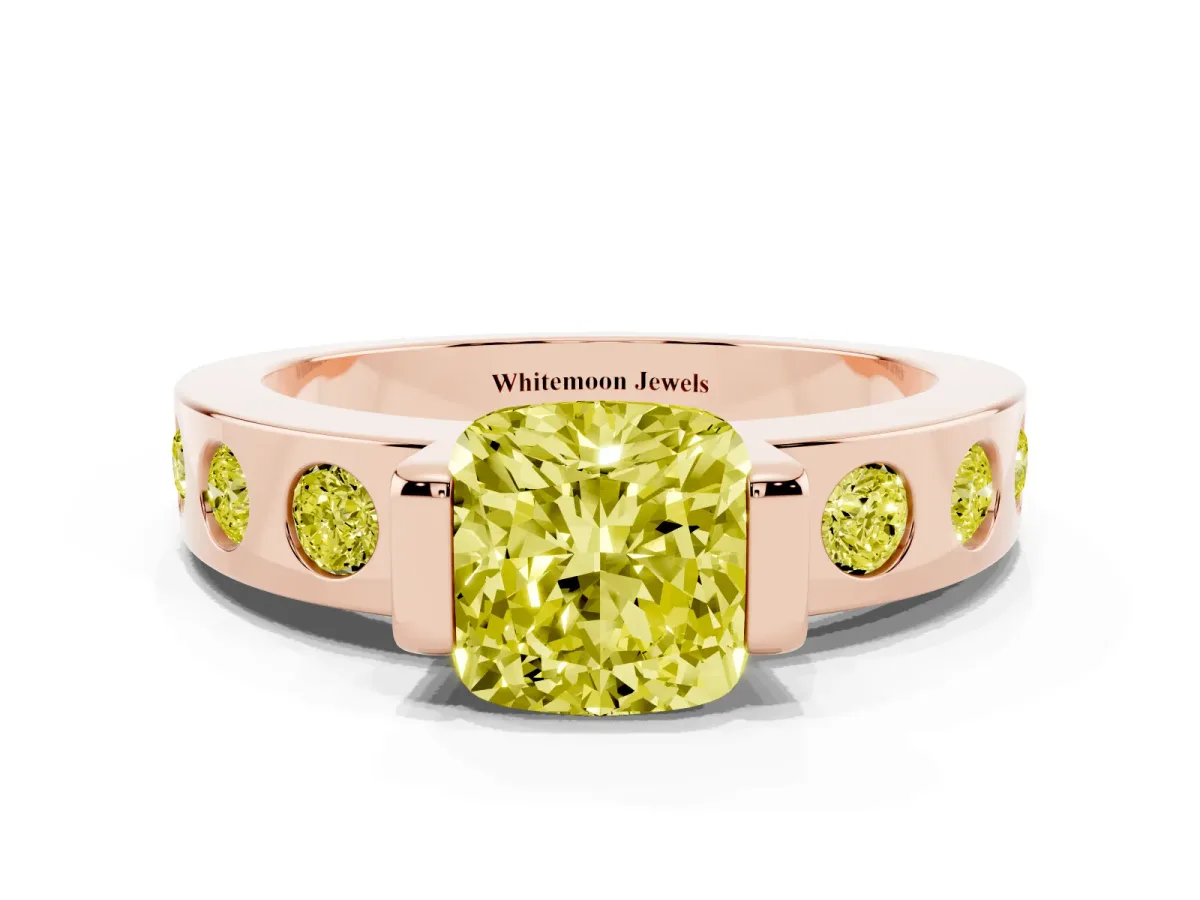 Fancy Yellow Cushion Cut Brilliant Channel-Set Diamond Ring with Bezel Prong Setting Rose gold