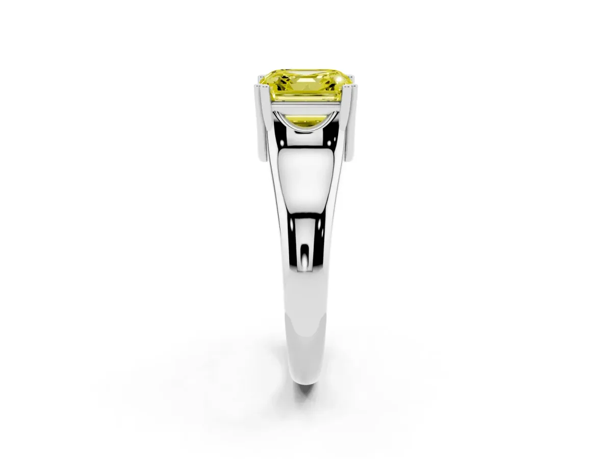 Fancy Yellow Asscher Cut Diamond Solitaire Ring with Wide Band and Prong Setting Platinum
