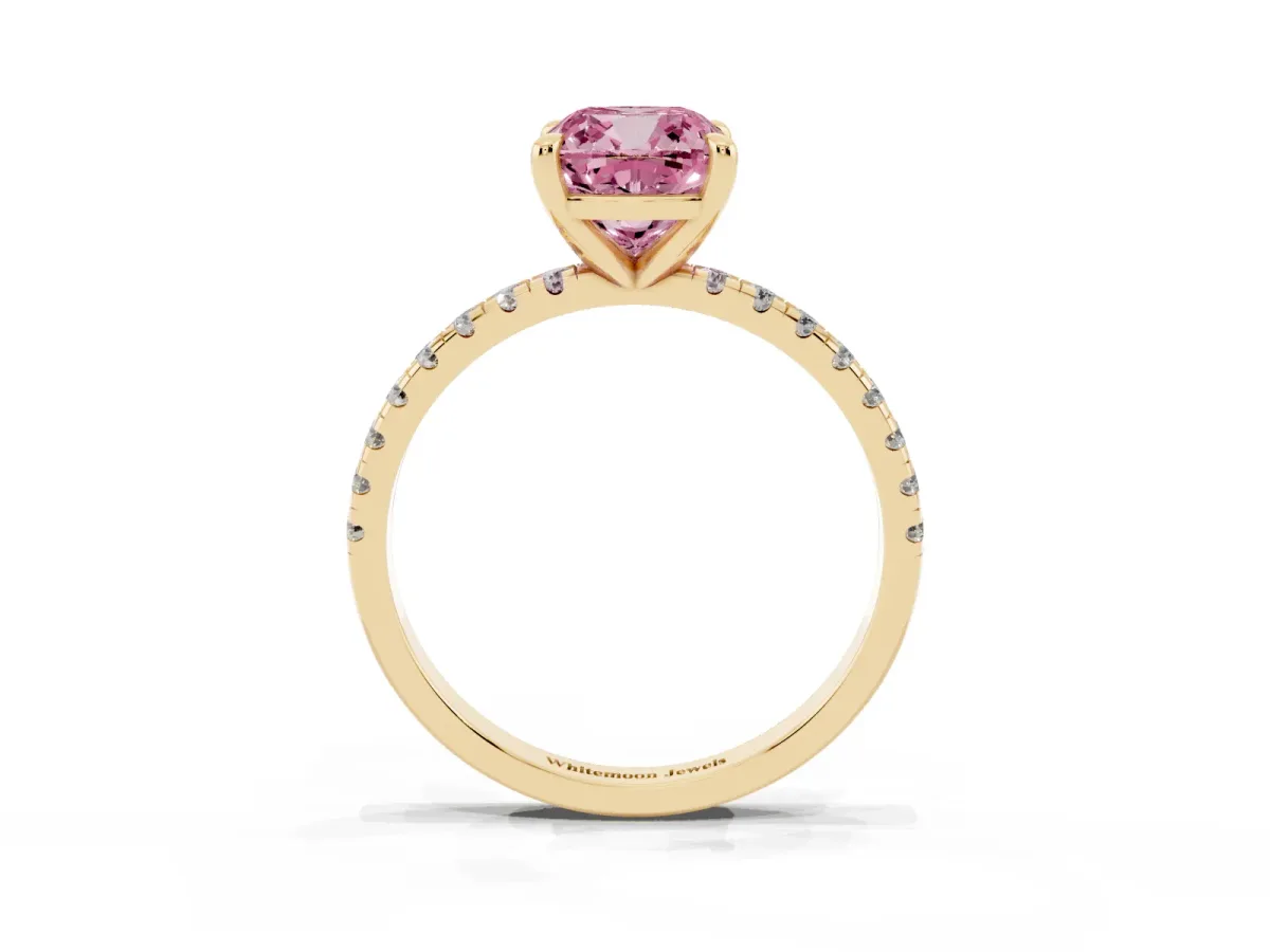 Fancy Pink Cushion Cut Diamond Brilliant Solitaire Ring with Pavé Band and Four-Prong Setting Yellow gold