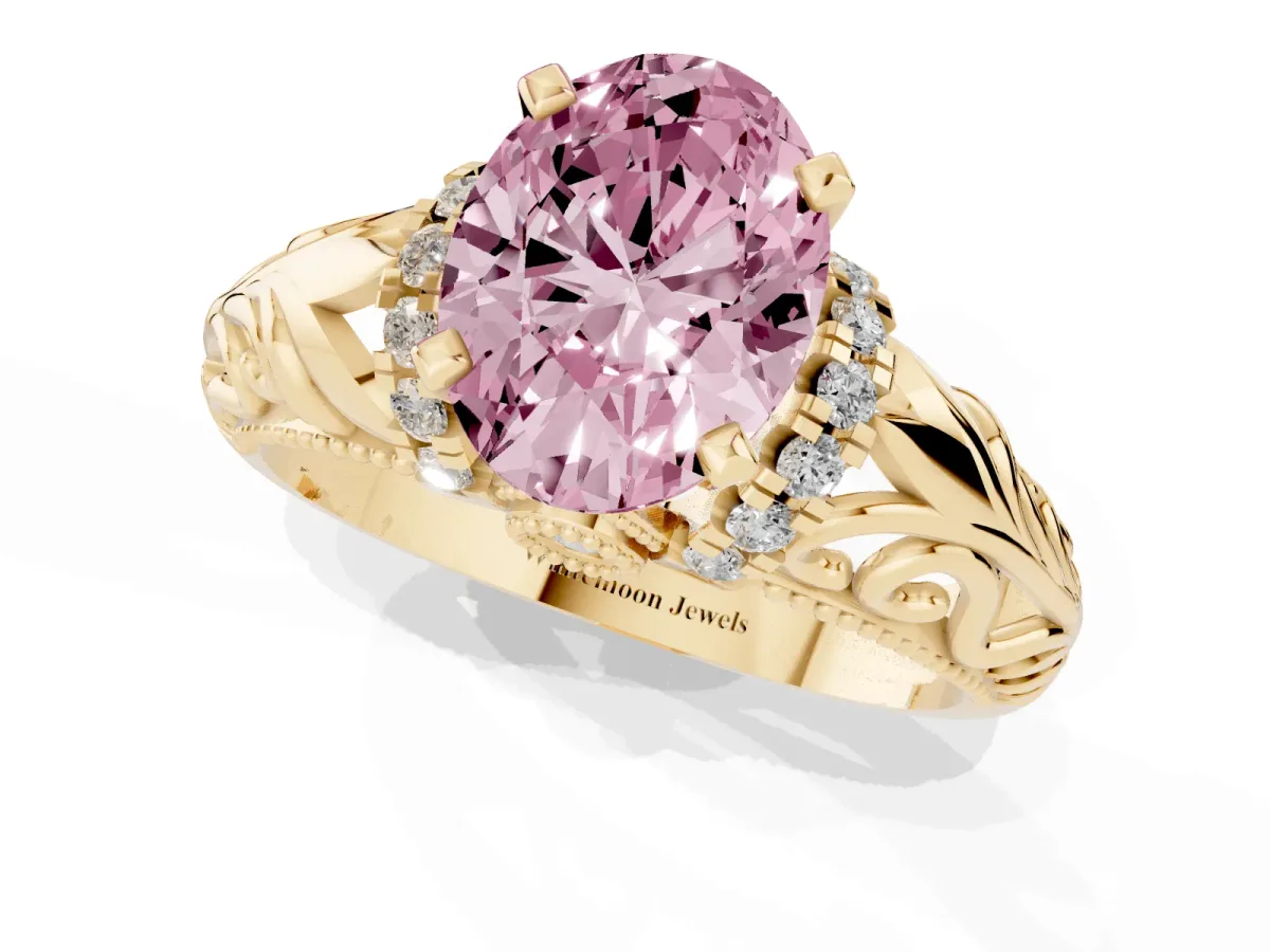 Fancy Pink Oval Cut Solitaire Filigree Engagement Ring with Halo and Prong Setting Yellow gold