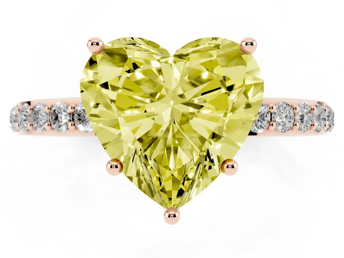 Fancy Yellow Heart Cut Diamond Solitaire Ring with Pavé Band and Hidden Halo Rose gold