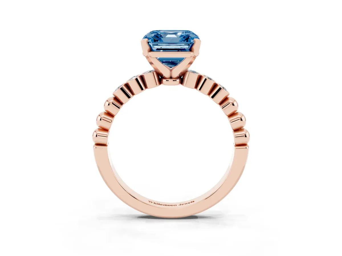 Fancy Blue Asscher Cut Solitaire Bezel Accent Diamond Engagement Ring with Beaded Band and Four-Prong Setting Rose gold