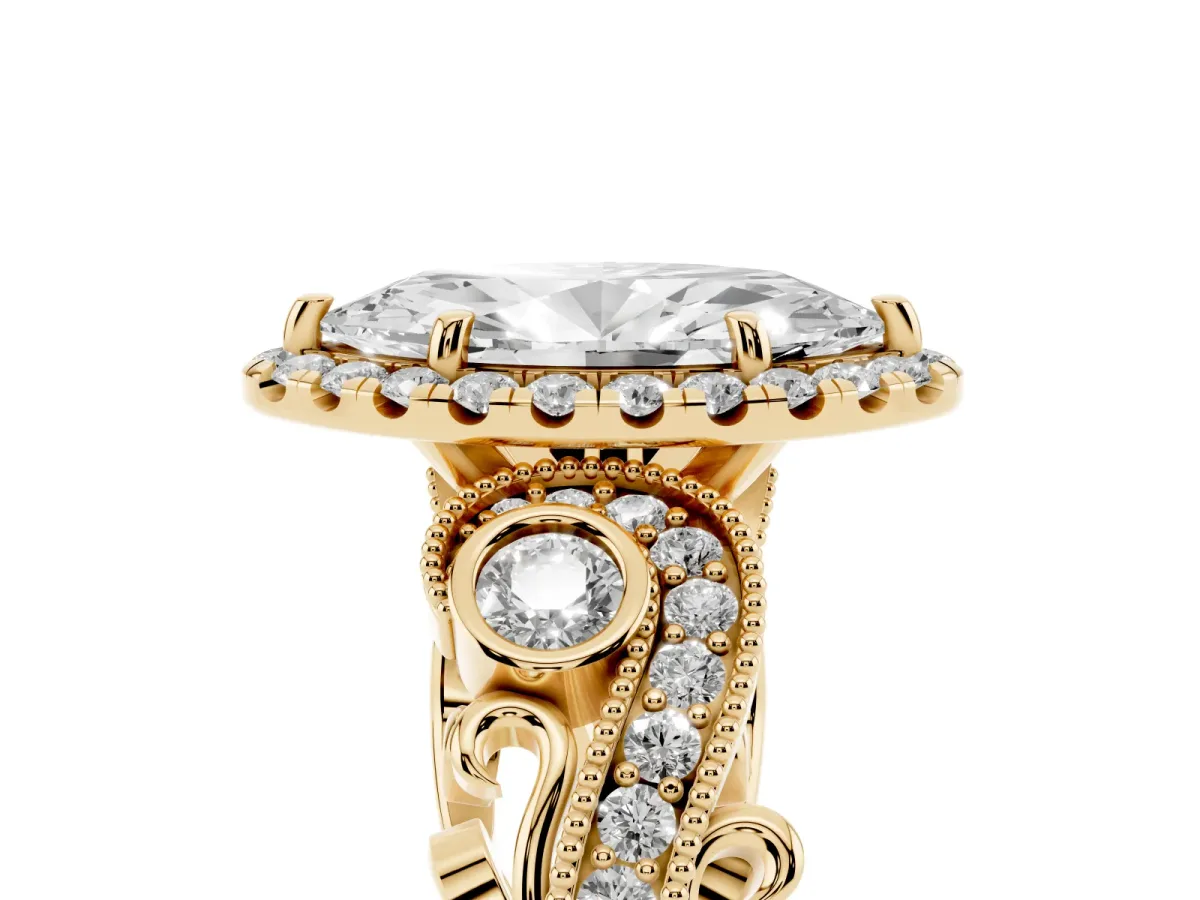 Marquise Cut Diamond Halo Ring with Milgrain Pavé Band and Four-Prong Setting Yellow gold