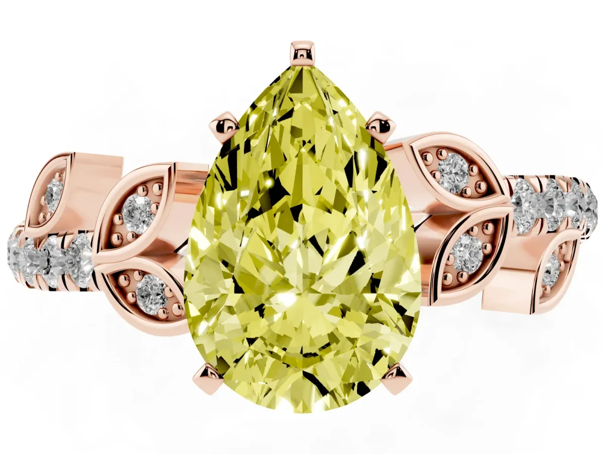 Fancy Yellow Pear Cut Solitaire Leaf-Inspired Diamond Ring with Pavé Band and Four-Prong Setting Rose gold