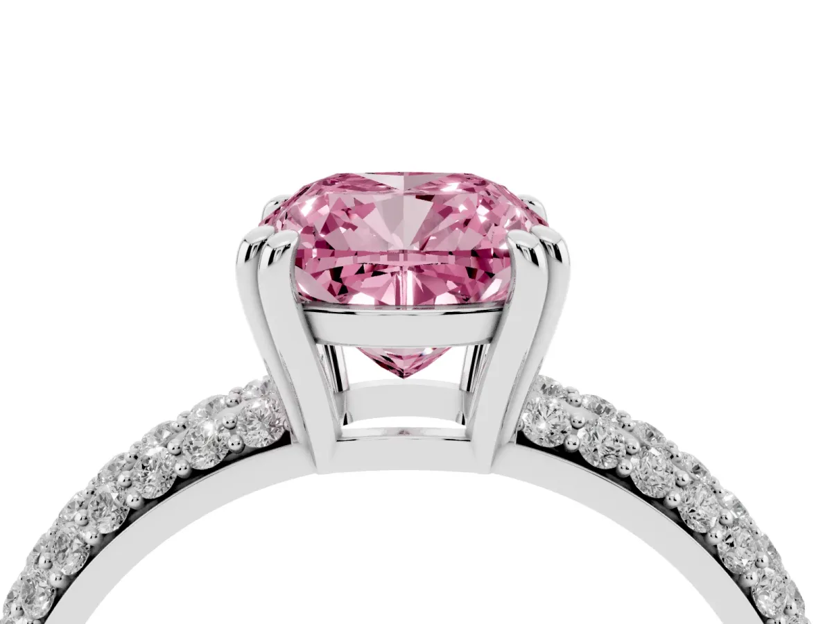 Fancy Pink Cushion Cut Diamond Solitaire Ring with Multi-Row Round Pavé Band and Prong Setting Silver
