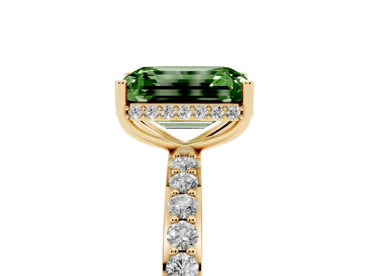 Fancy Green Emerald Cut Diamond Solitaire Ring with Pavé Band and Hidden Halo Yellow gold