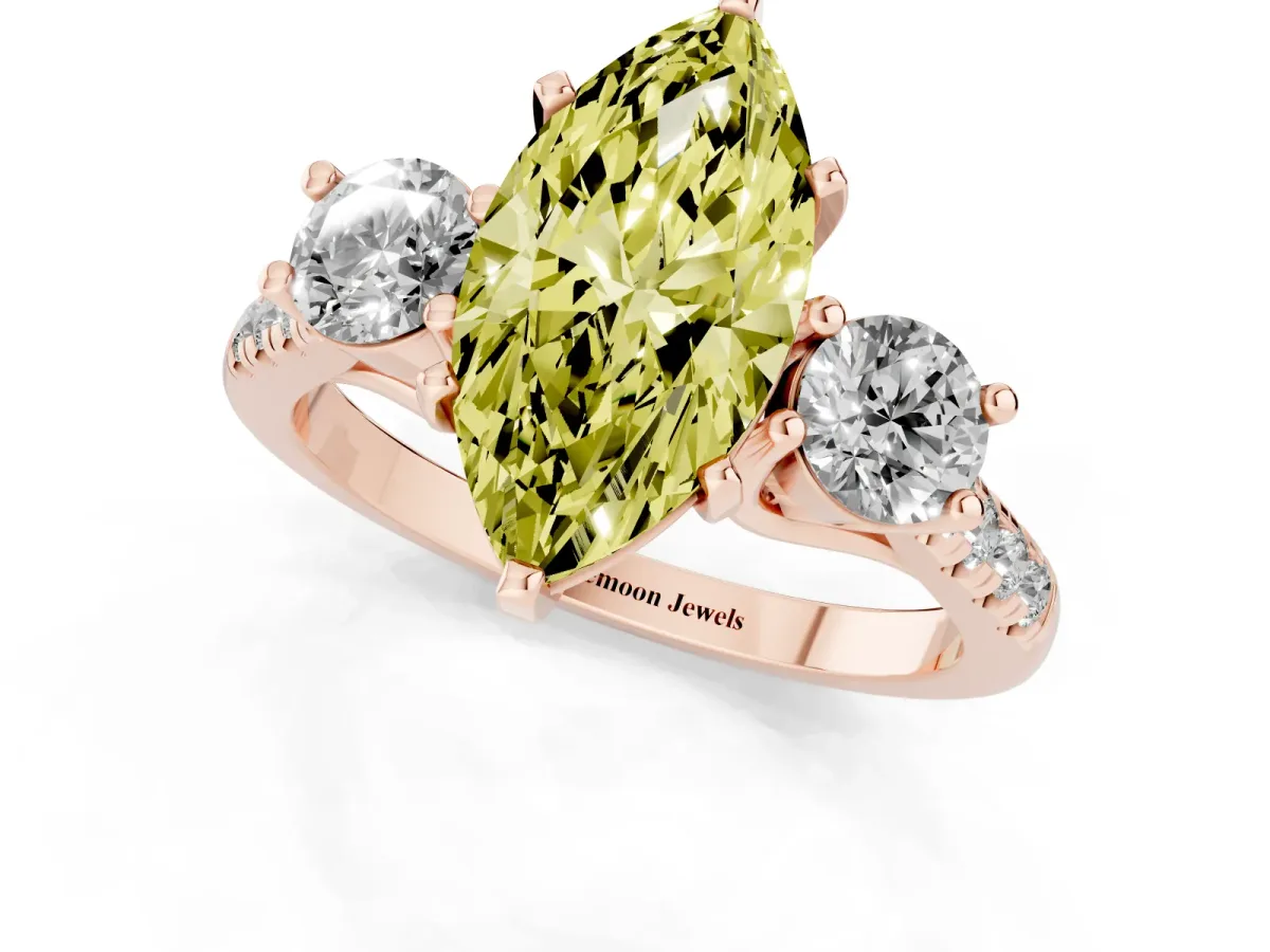 Fancy Yellow Three-Stone Marquise Cut Diamond Pavé Band with Four-Prong Setting Rose gold