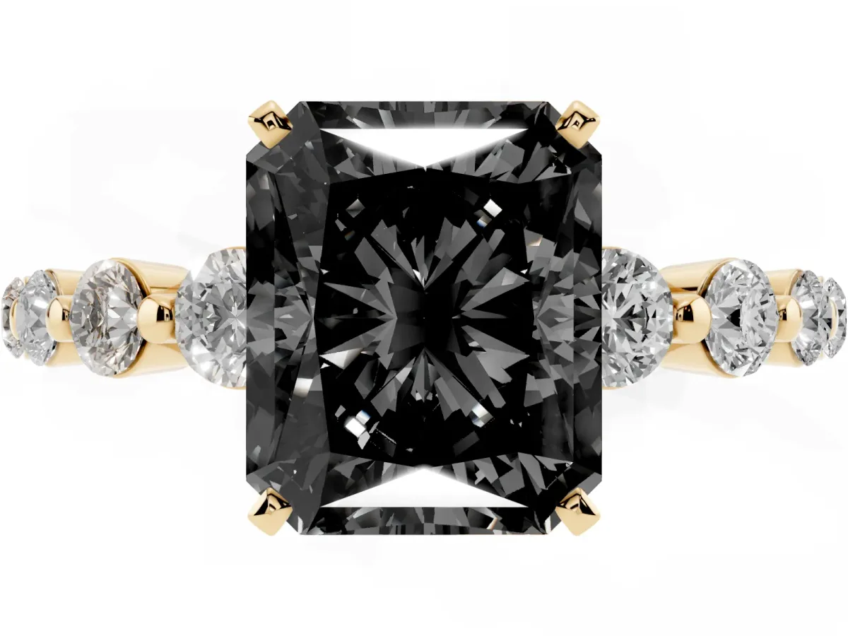 Fancy Black Radiant Cut Solitaire Diamond Ring with Pave Band and Four-Prong Setting Yellow gold