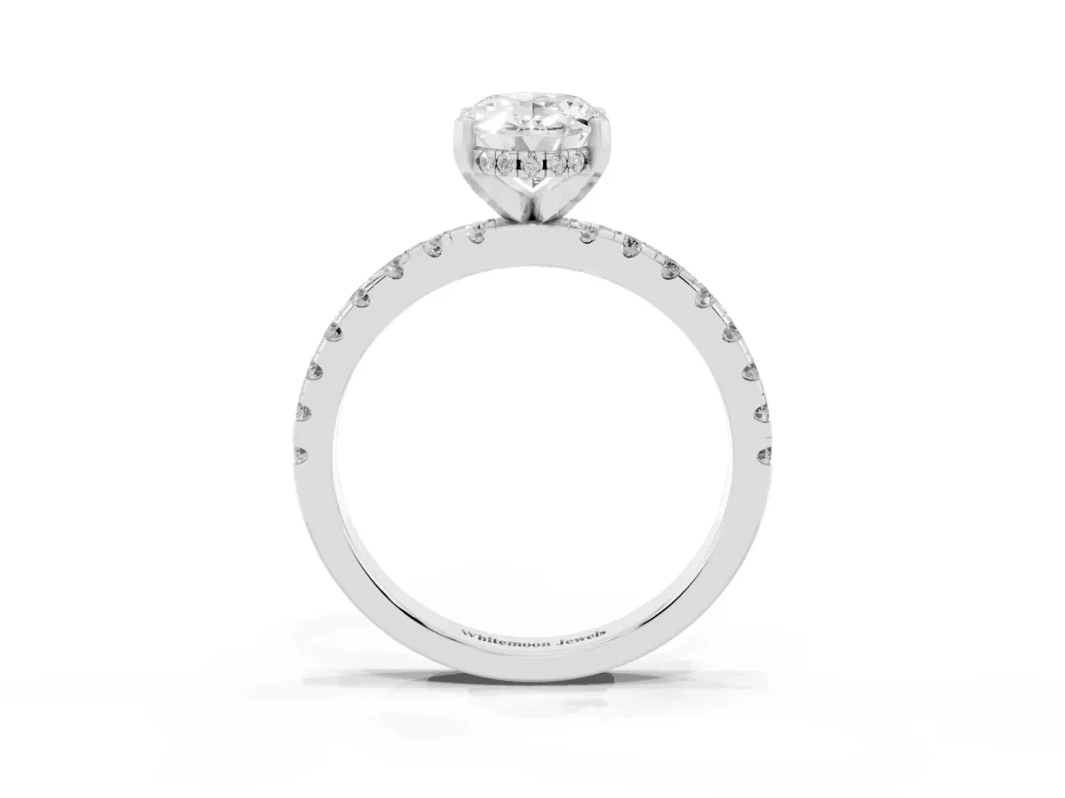 Oval Cut Diamond Solitaire Ring with Round Pavé Band and Four-Prong Setting Silver