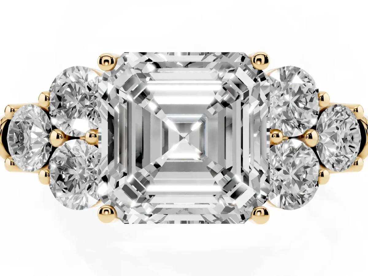 Asscher Cut Cut Diamond Cluster Ring with Round Accent Stones and Prong Setting on a Classic Band Yellow gold