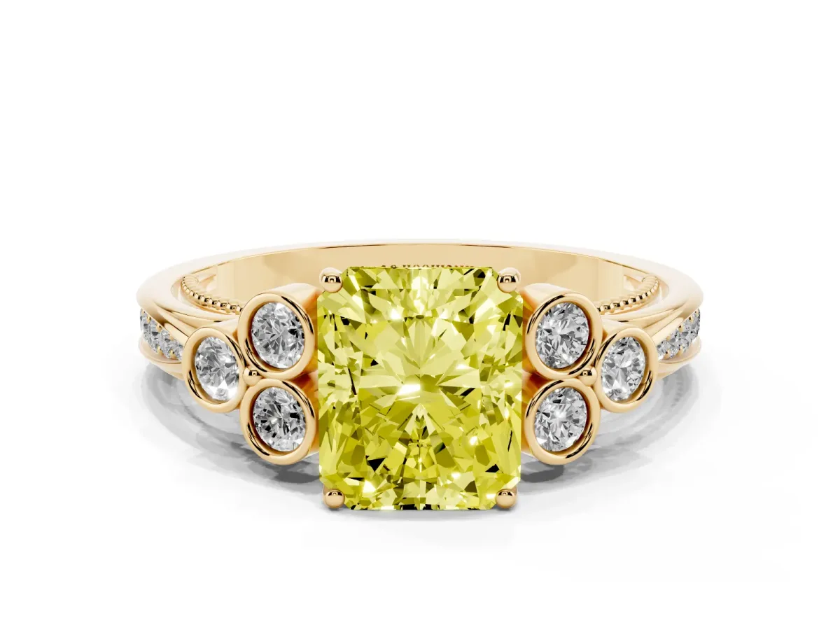 Fancy Yellow Radiant Cut Cut Diamond Engagement Ring with Bezel Set Round Side Stones and Prong Setting Yellow gold