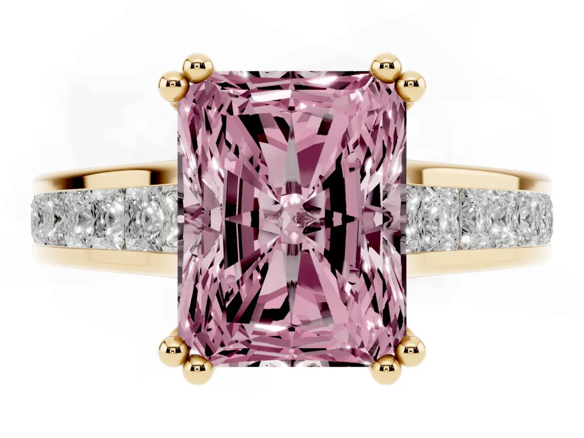 Fancy Pink Radiant Cut Cut Channel Set Solitaire Engagement Ring with Prong Setting Yellow gold