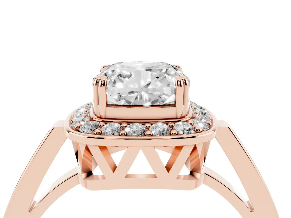 Cushion Cut Diamond Halo Ring with Split Shank and Four-Prong Setting Rose gold