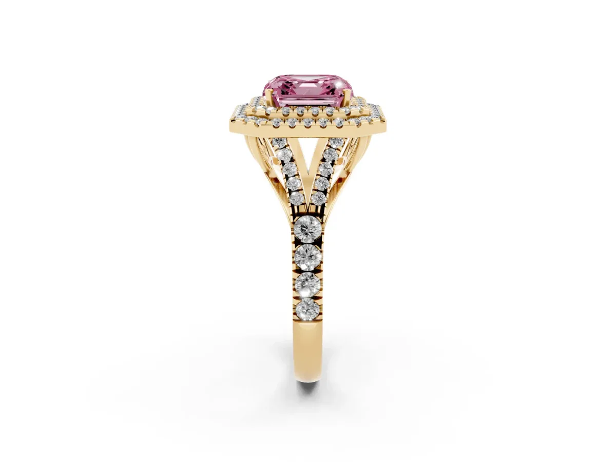 Fancy Pink Asscher Cut Diamond Pavé Split Shank Double Halo Engagement Ring Yellow gold
