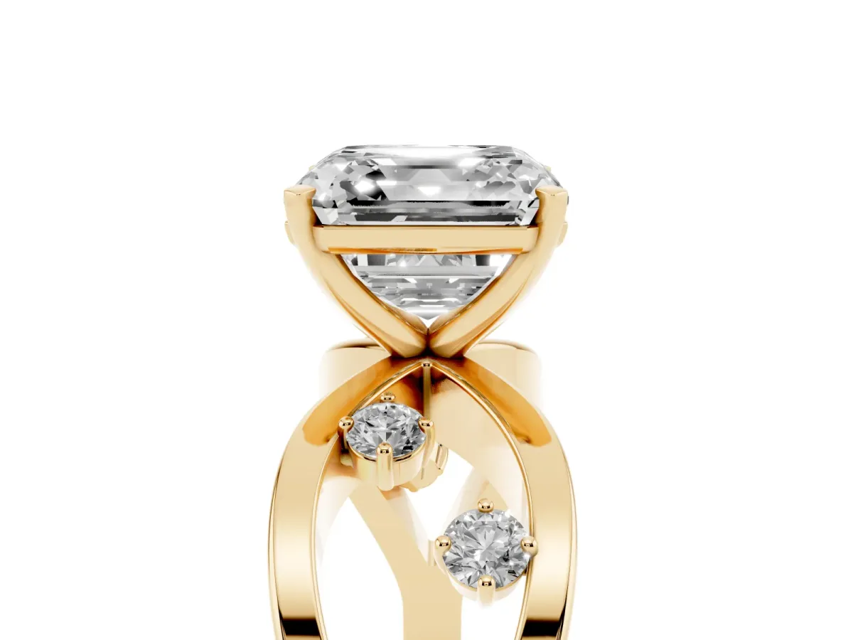 Asscher Cut Cut Solitaire Diamond with Side Stones on Criss-Cross Band and Four-Prong Setting Yellow gold