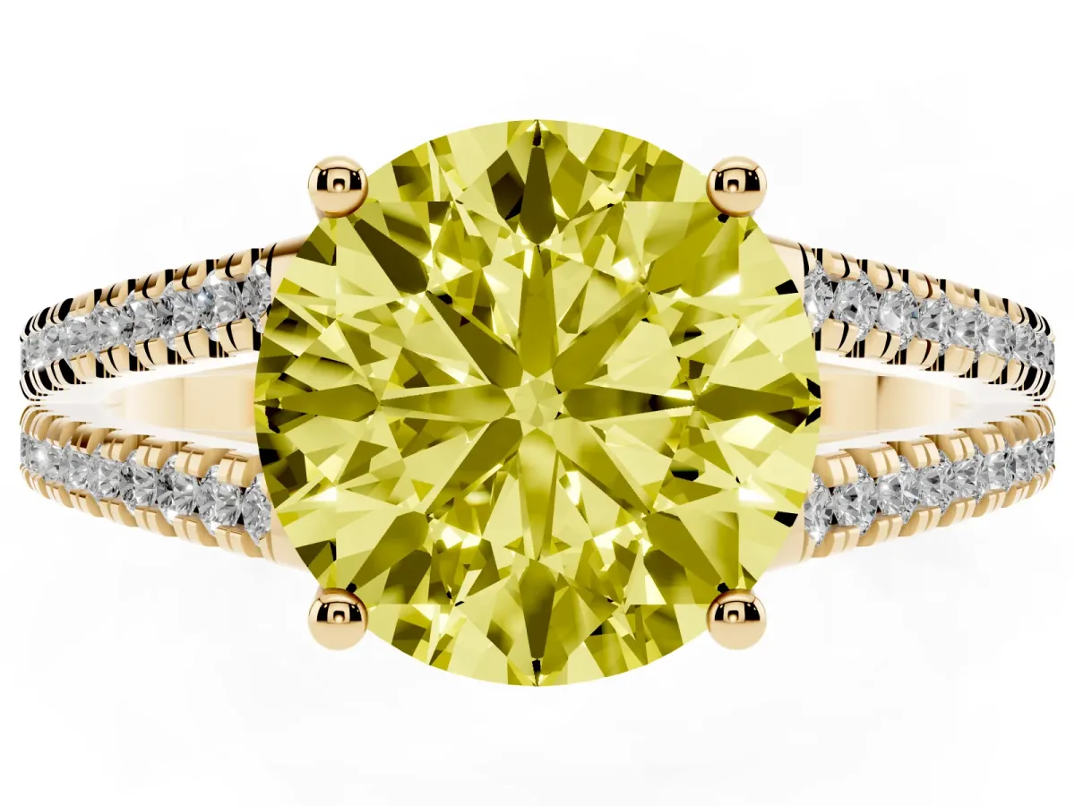 Fancy Yellow Round Cut Diamond Solitaire Engagement Ring with Split Shank Pavé Band Yellow gold