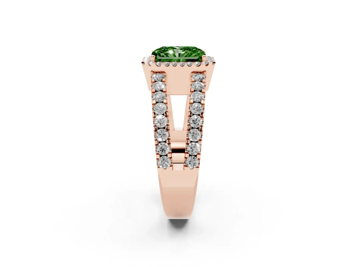 Fancy Green Radiant Cut Cut Halo Split Shank Diamond Ring with Four-Prong Setting Rose gold