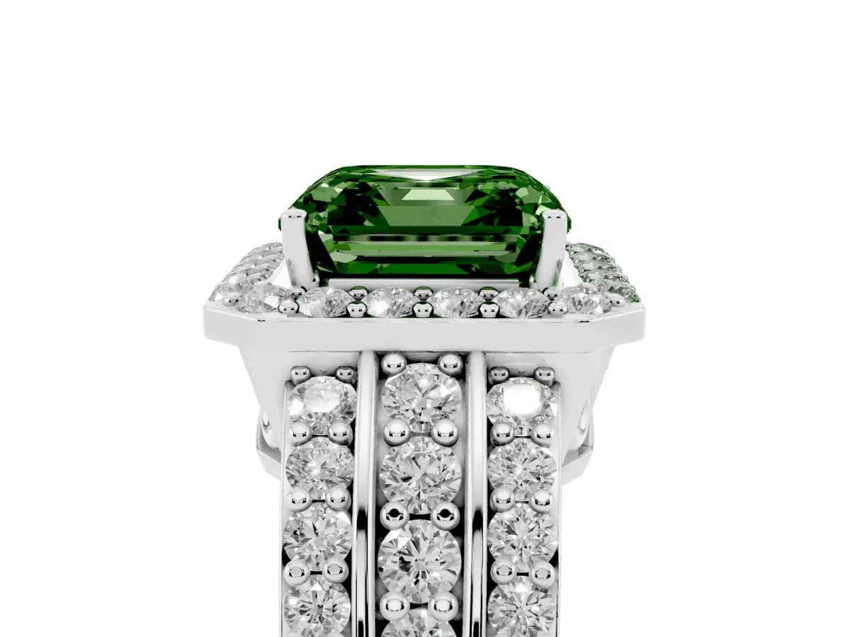 Fancy Green Asscher Cut Halo Diamond Ring with Round Split Shank and Prong Setting Silver