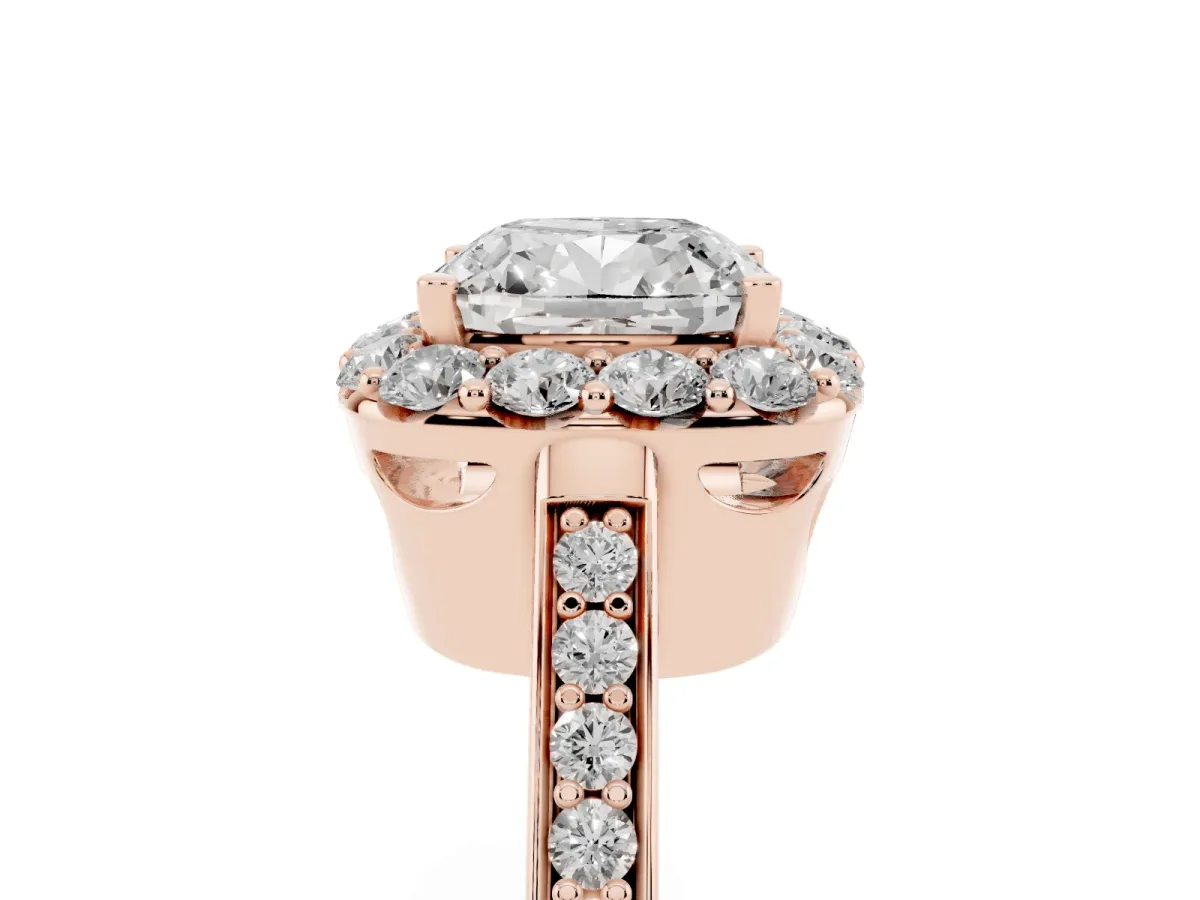 Cushion Cut Diamond Floral Halo Ring with Pavé Band and Prong Setting Rose gold