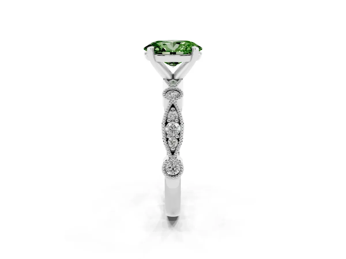 Fancy Green Oval Cut Milgrain Bezel Diamond Engagement Ring with Solitaire Prong Setting Platinum