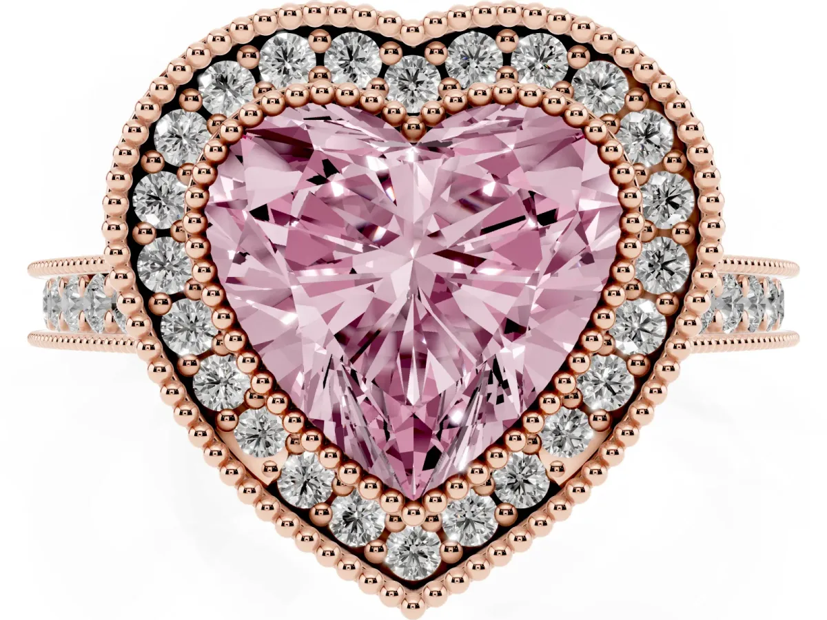 Fancy Pink Halo Heart Cut-Cut Diamond Pave Band Milgrain Prong Setting Ring Rose gold