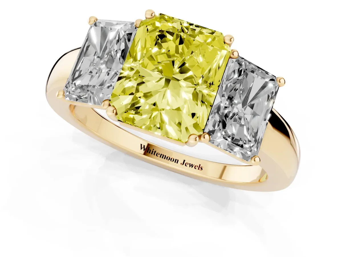 Fancy Yellow Radiant Cut Diamond Three-Stone Ring with Four-Prong Setting and Classic Band Yellow gold