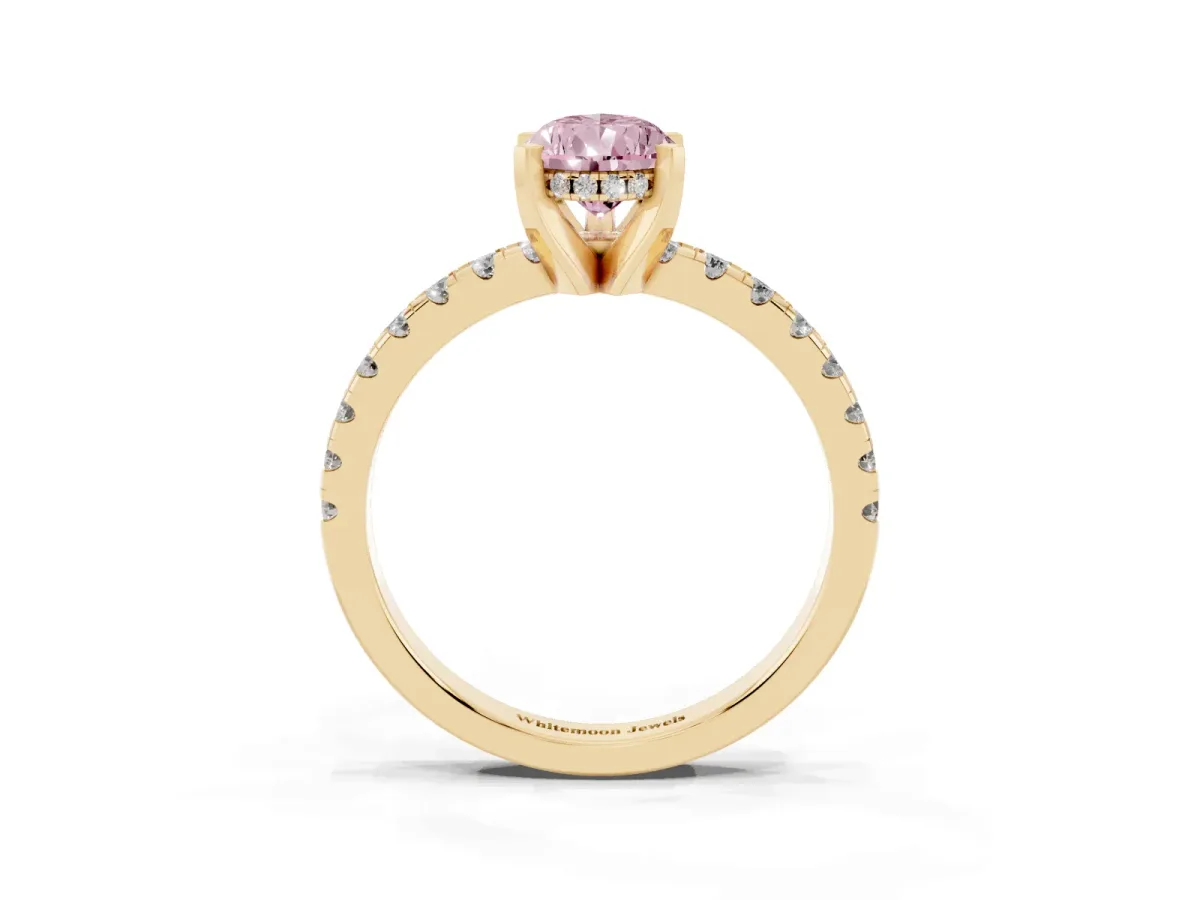 Fancy Pink Pear Cut Diamond Solitaire Ring with Round Pavé Band and Four-Prong Setting Yellow gold