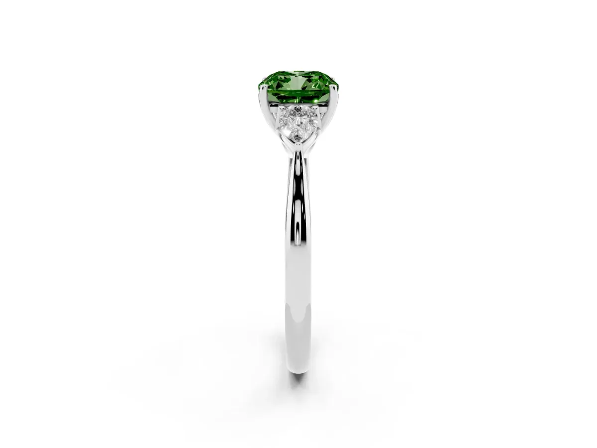 Fancy Green Three-Stone Cushion Cut Brilliant Diamond Solitaire Ring with Tapered Band and Four-Prong Setting Silver